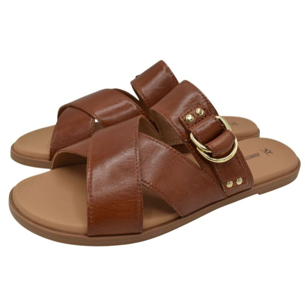 Johnston & Murphy Womens 8.5 Shayla Cross-Band Cognac‎ Calfskin Leather Sandals